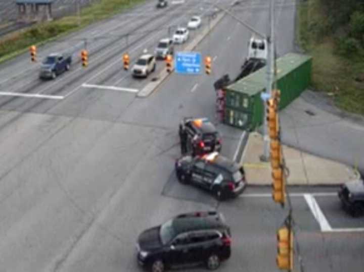 The scene of the rolled-over tractor-trailer on Route 22.