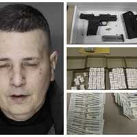 <p>Rubin Perez and the 40 bundles of fentanyl, money, and a gun the police found at his home. </p>