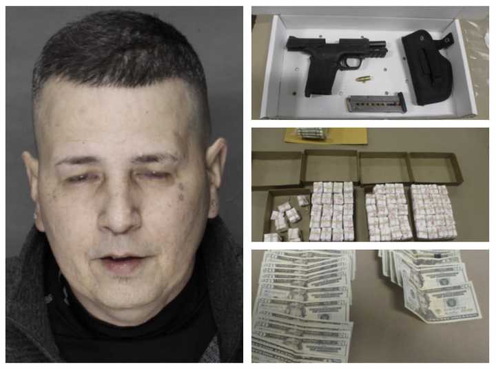 Rubin Perez and the 40 bundles of fentanyl, money, and a gun the police found at his home. 