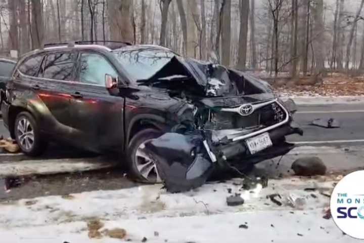 Car Crumples After Hitting Tree In Chestnut Ridge Amid Icy Conditions (VIDEO)