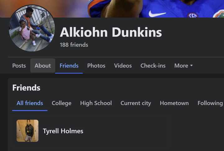 Alkiohn Dunkins's Facebook profile showing his friend list which includes murder man, Tyrell Holmes.&nbsp;