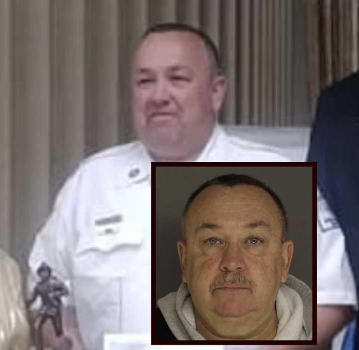"Papa Doug" Douglas Allen Shields, receiving the Pennsylvania State Fireman's Association EMS Leadership Award in Sept. 2019, and his mugshot in 2025. 