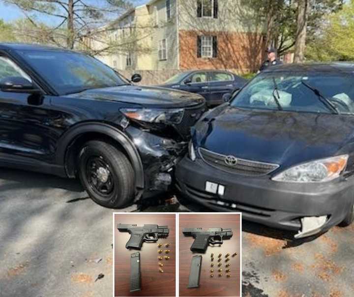 The crash scene and recovered guns in Anne Arundel County.