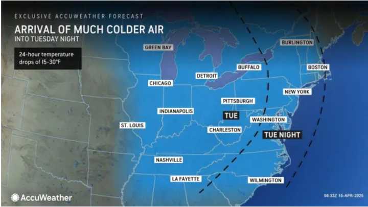 Colder air will arrive on Tuesday night, April 15 after scattered showers and storms pass through from west to east.