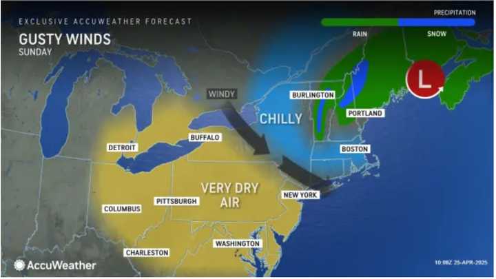Gusty winds and cooler-than-average temperatures will arrive on Sunday, April 27, after the storm system moves out.