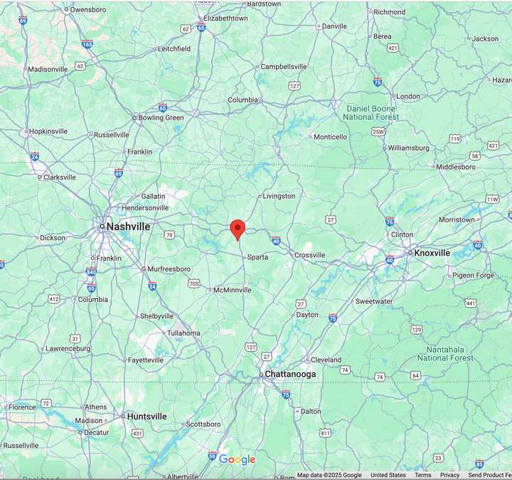 The crash happened near Upper Cumberland Regional Airport in Tennessee (marked in red), located east of Nashville.