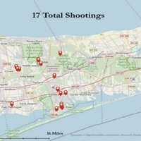 <p>A map shows the 17 Mak Balla-related shootings on Long Island. </p>