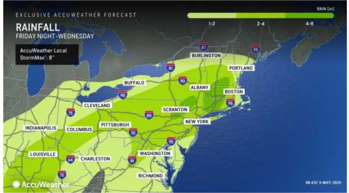 A look at projected rainfall amounts through Wednesday, May 7, with areas in the darkest shade of green projected to see between 4 and 8 inches.