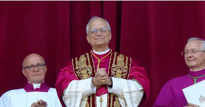 Leo XIV, the first American pope and 267th overall, addressing the world from the balcony of St. Peter's in Rome just before 7:30 p.m. Rome time on Thursday, May 8.