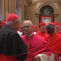 <p>Pope Leo XIV embraces each of the Cardinal electors just after he accepts his election to become the 267th Pope.</p>