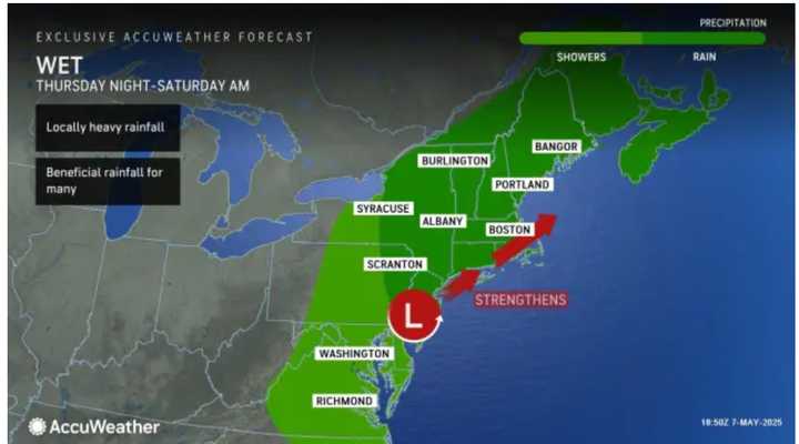 The system is on track for Thursday night, May 8, into Saturday morning, May 10.