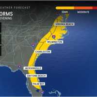<p>A look at the broad area along the East Coast where severe thunderstorms are expected in the afternoon and evening on Friday, May 9.</p>