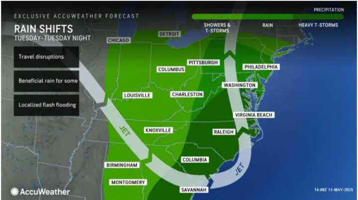 A look at the broad area where there will be wet weather starting on Tuesday, May 13.