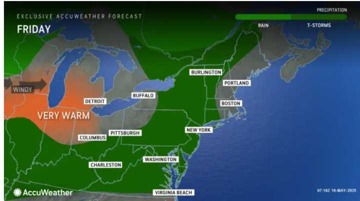 There will be scattered rain showers and thunderstorms on Friday, May 16, with an increased likelihood on Saturday, May 17.