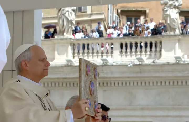 Leo XIV, the first US-born pontiff in the nearly 2,000-year history of the Catholic Church, during his inauguration mass on Sunday, May 18, at St. Peter's Square in Rome.
  
