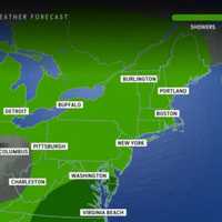 <p>Areas in the darkest shade of green, mainly in Maryland and Virginia, will see thunderstorms on Thursday, May 29, with widespread showers throughout the rest of the Northeast.</p>