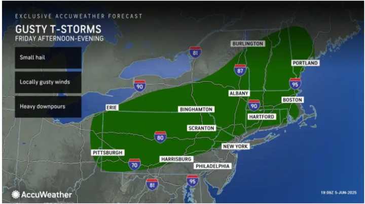 Gusty storms are possible late in the afternoon and into the evening on Friday, June 6, in locations shown in green.
  
