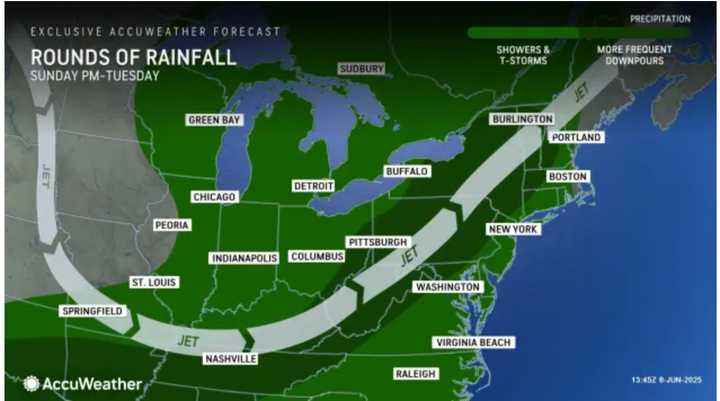 A new round of rainfall will move from the south to the north during the day on Sunday, June 8, with widespread rain at night.