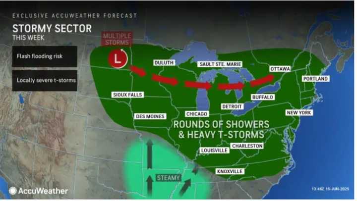Stormy downpours are expected over the broad area shown in green this week.