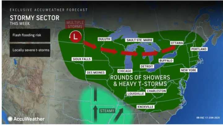 Rounds of showers and thunderstorms are expected over the broad area shown in green this week.