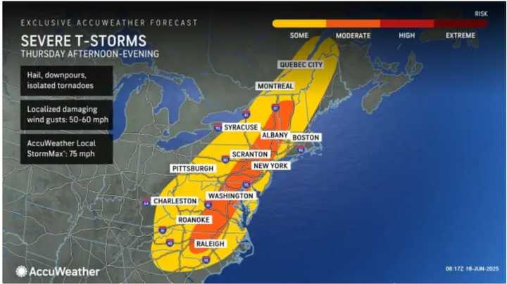 The most potent storms will be on Juneteenth on Thursday, June 19, in the afternoon and evening, with heavy downpours and lightning. Isolated tornadoes are possible, especially in locations shown in orange.
