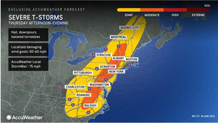A look at the broad area where there will be severe thunderstorms from the afternoon into the evening on Thursday, June 19.
