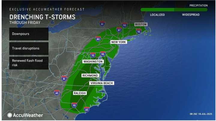 Severe storms with downpours are most likely in locations shaded in dark green.