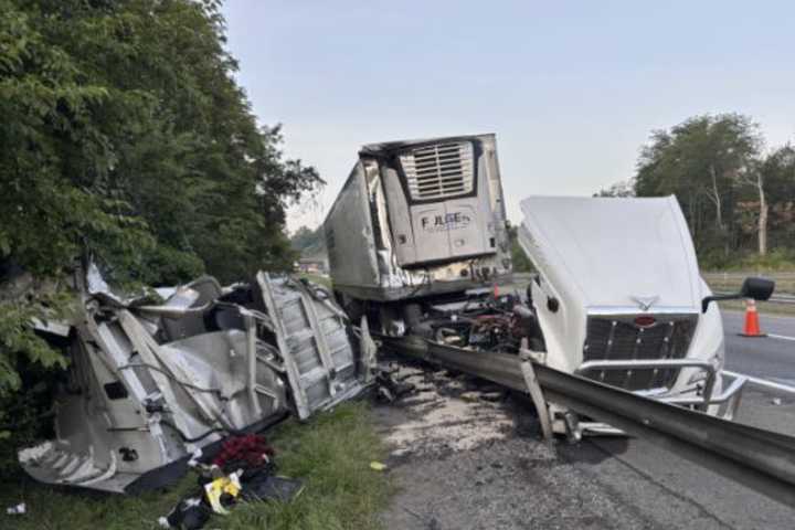 Two Tractor-Trailers Collide, Overturning In Catskill Thruway: NY State Police (PHOTOS)