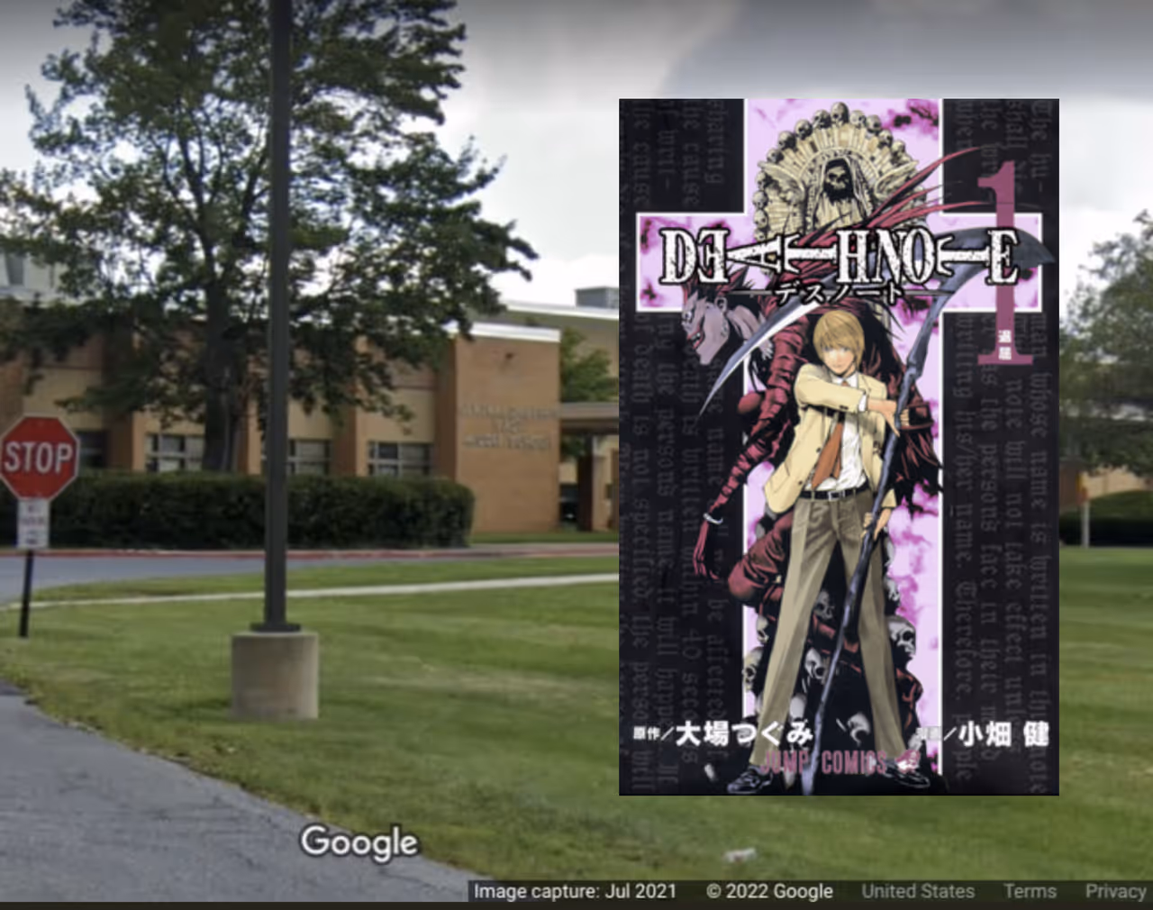 Death Note Manga Volume 1 and Central Dauphin High School where some of the notes inspired by the manga and anime series were found. 