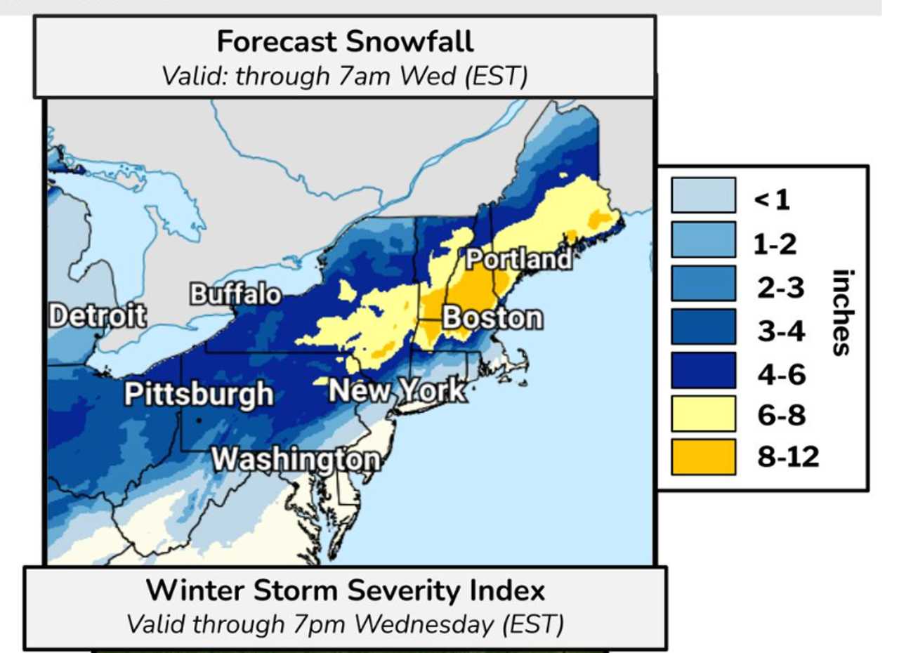 A snowfall projection map through 7 a.m. Wednesday, Dec. 3 from the National Weather Service. A snowfall projection map through 7 a.m. Wednesday, Dec. 3 from the National Weather Service.