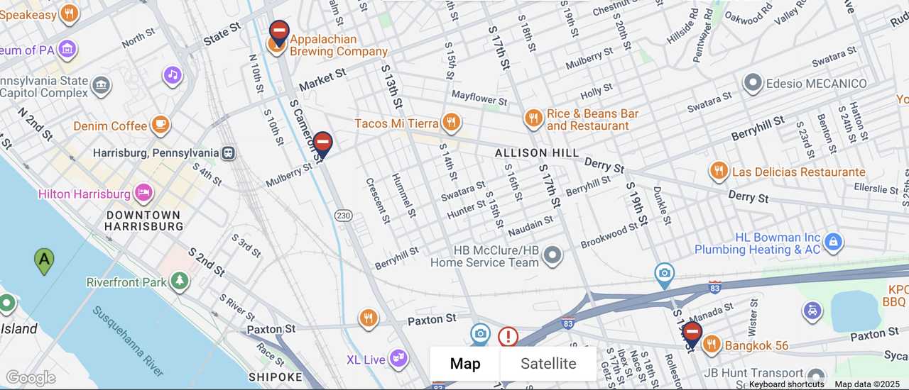 A map showing the closure on Cameron Street in Harrisburg.