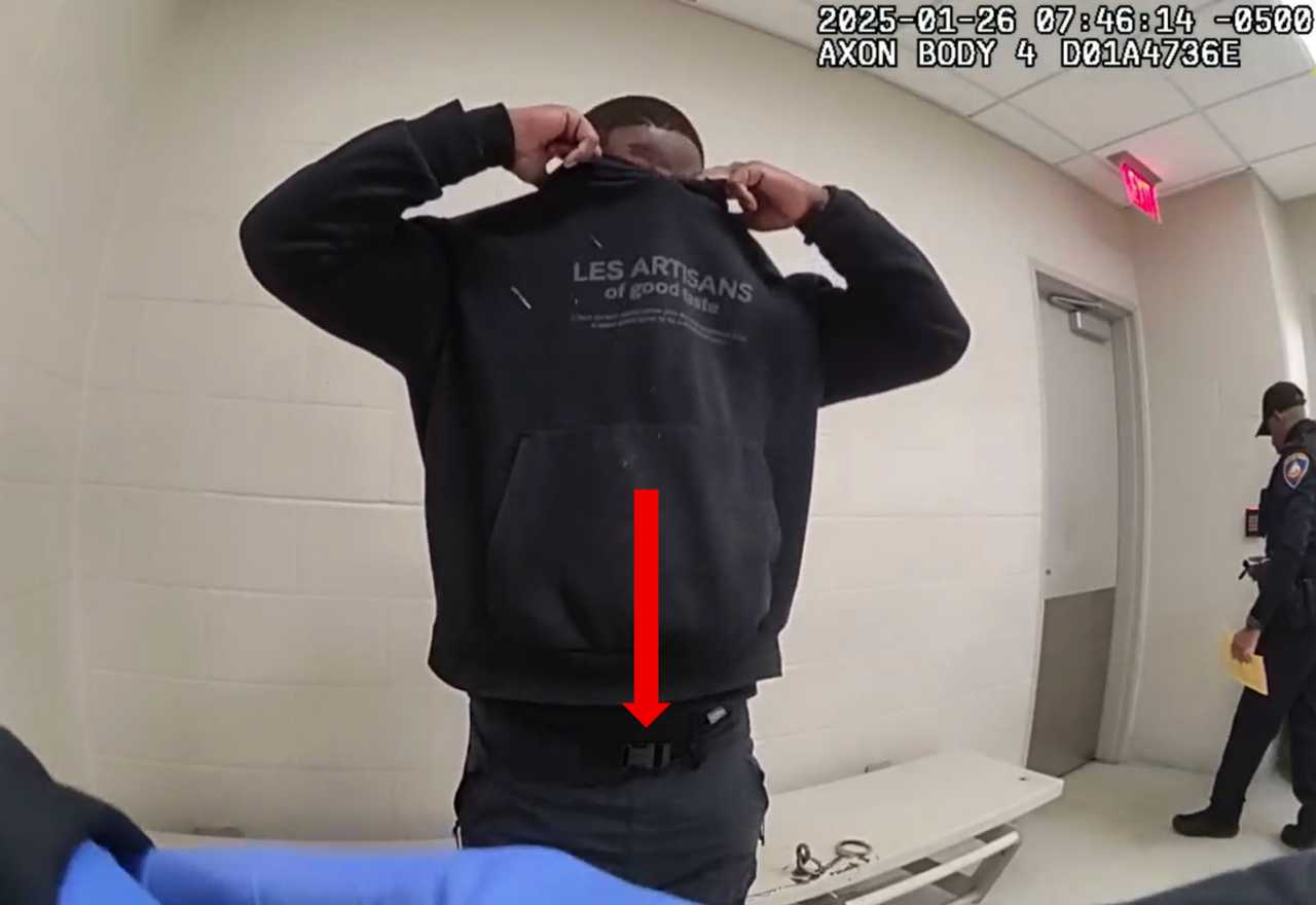 An arrow points to the belt investigators say Stamford officers missed when booking Jamal Linton on Jan. 26, 2025. He would later use the belt to hang himself. An investigation found Stamford police made several mistakes leading up to his death. An arrow points to the belt investigators say Stamford officers missed when booking Jamal Linton on Jan. 26, 2025. He would later use the belt to hang himself. An investigation found Stamford police made several mistakes leading up to his death.