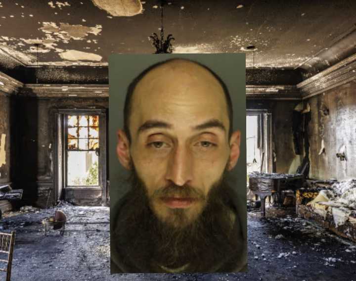 Cody Balmer's mugshot and the interior of the Pennsylvania Governor's Mansion following the firebombing.