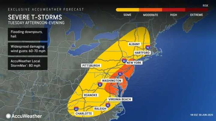 Areas in yellow and orange are expected to see the strongest storms on Tuesday, July 1.