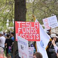 <p>Anti-Tesla protesters during a "Hands Off" demonstration in Washington, DC, on April 5, 2025.</p>