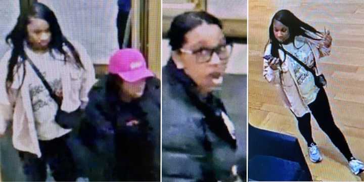 Surveillance footage of three women accused of stealing handbags from Sak’s Fifth Avenue at Walt Whitman Shops on Monday, Feb. 19. 