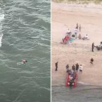 <p>Members of the Riverhead Police Marine Unit rescue a stranded kayaker off&nbsp;Reeves Beach in Baiting Hollow on Sunday, June 23.&nbsp;</p>