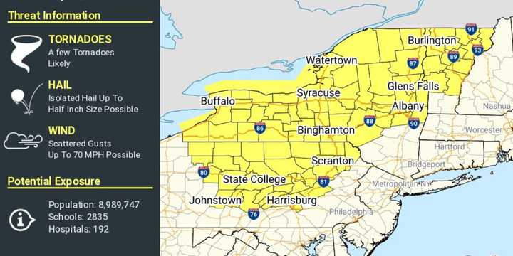 A Tornado Watch was issued for the areas in yellow on Wednesday, July 10.&nbsp;