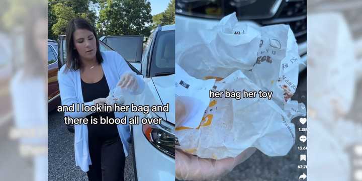 Tiffany Floyd shows her daughter's Burger King hamburger covered in blood.