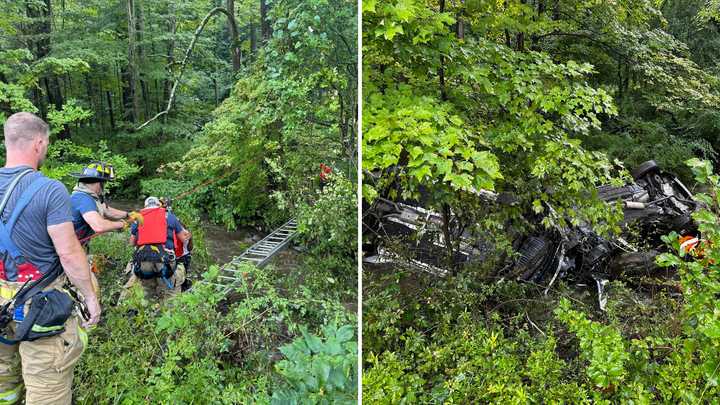 Firefighters placed a ladder over the stream so the crash victims could get to safety.&nbsp;