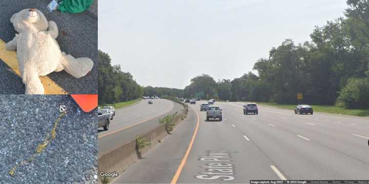 Southern State Parkway in Hempstead. Inset: A teddy bear and necklace the victim was carrying. 