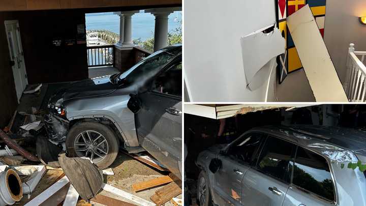 A car damaged a building at the Half Moon Bay Marina in Croton-on-Hudson.&nbsp;