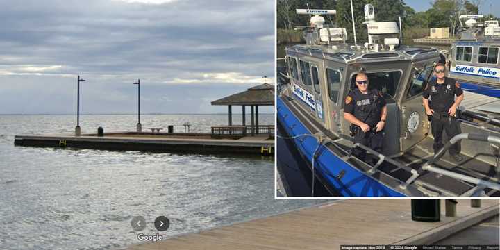 Suffolk County Police Marine Bureau officers Kyle Profit and Tyler Mankowski-Hassett rescued a Holbrook man and his dog at Mascot Dock and Marina in Patchogue early Tuesday, Aug. 27.