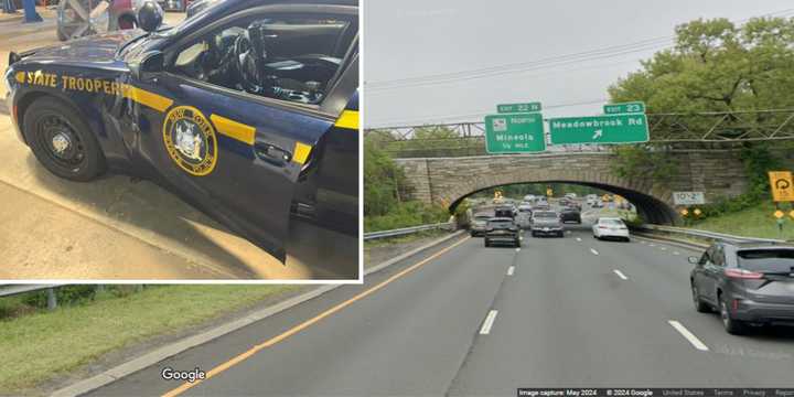 A damaged New York State Police vehicle following an attempted stop on the Southern State Parkway in North Merrick on Sunday, Sept. 1. 