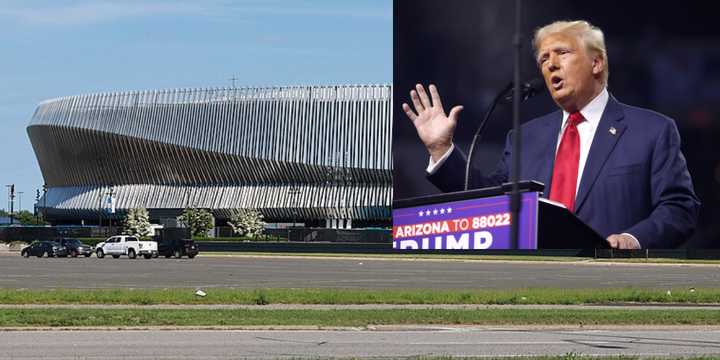 Former President Donald Trump (inset in Glendale, Arizona, in August 2024) held a campaign rally at&nbsp;the Nassau Coliseum in Uniondale on Wednesday, Sept. 18.