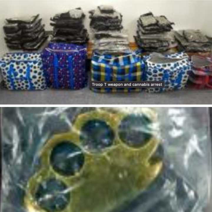 Authorities found several duffle bags full of cannabis as well as brass knuckles in the car, police said.