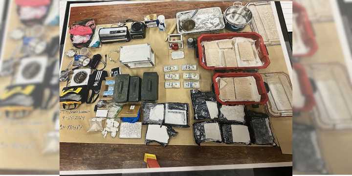 Drugs, paraphernalia, and cash allegedly seized from a Bellport man's home on Wednesday, Sept. 25.&nbsp;