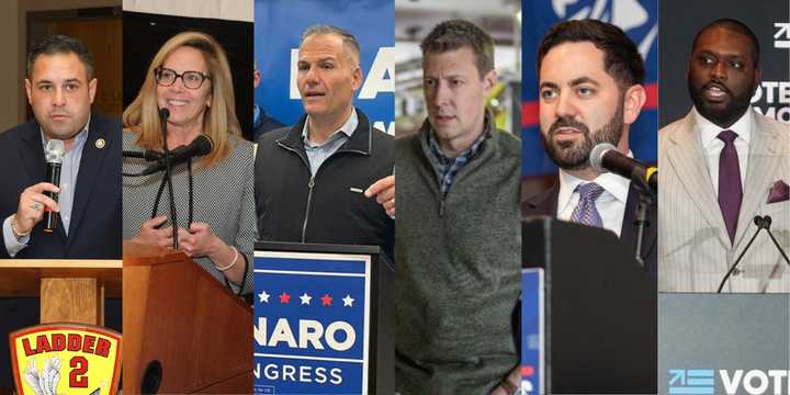 From left: Rep. Anthony D'Esposito, Laura Gillen, Rep. Marc Molinaro, Josh Riley, Rep. Mike Lawler, and Mondaire Jones.
  
