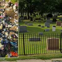 <p>Gravesite offerings left in a pile at&nbsp;King’s Highway Cemetery in Milford.</p>