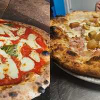 <p>A Margherita pizza (left) and one topped with baked potatoes, imported porchetta and smoked fior di latte.&nbsp;
  
</p>